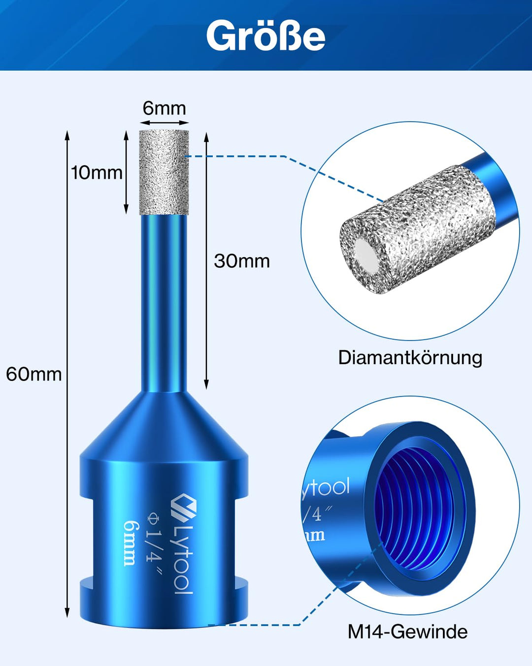 Diamant Fliesenbohrer 6 mm, Lytool 5 tlg Diamantbohrer Glasbohrer für M14 Winkelschleifer zum Bohren