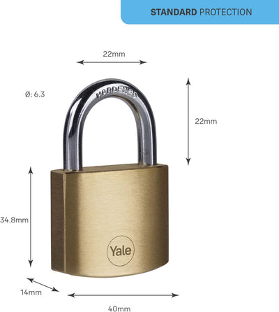 Yale - Y110B/40/122/4 Standardsicherheit 40mm Messing Vorhängeschloss, 4er Set - offener Stahlbügel