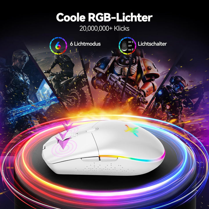 TECKNET Kabellose Gaming-Maus, RGB 2.4G/USB-C Kabelgebundene Gaming-Maus, 8000 DPI Wiederaufladbar,