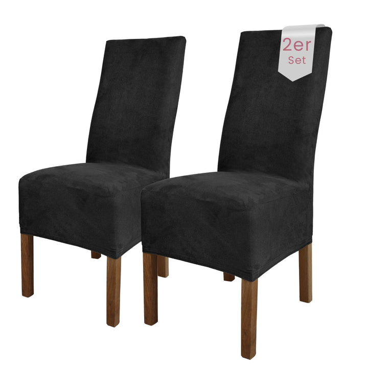 SCHEFFLER-Home Stuhlhussen 2er Set Leon Schwarz/elastische Wildleder Hussen für Stühle/Robustes Frei
