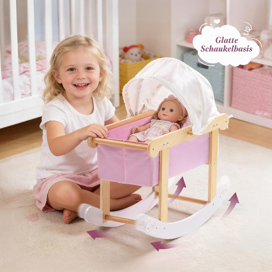 ROBUD Puppenwiege mit Baldachin für 45 cm Puppen, Puppenbett Holz mit Schaukelfunktion, Matratze und