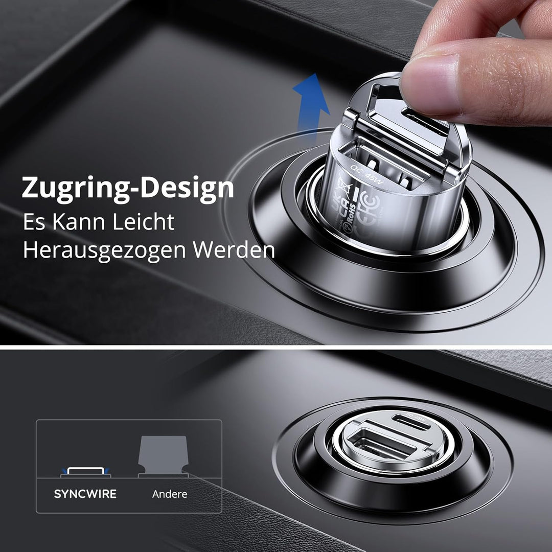 SYNCWIRE 90W Zigarettenanzünder USB C & USB Auto Adapter [PD 45W & QC 45W] Super Mini Ganzmetall KFZ