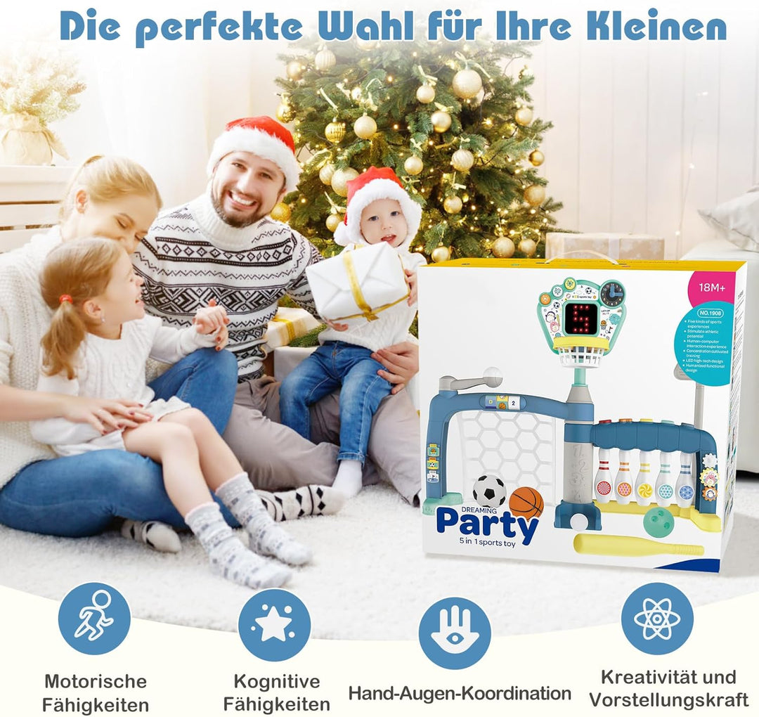 COSTWAY Kinder Basketballkorb, 5-in-1 Basketballständer mit Fussballtor, Golf, Bowling & Baseball, S