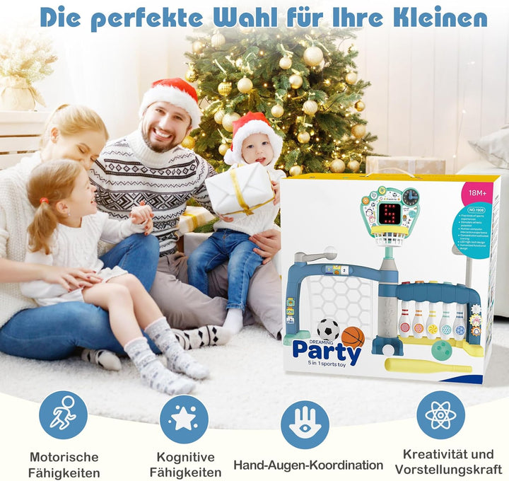 COSTWAY Kinder Basketballkorb, 5-in-1 Basketballständer mit Fussballtor, Golf, Bowling & Baseball, S