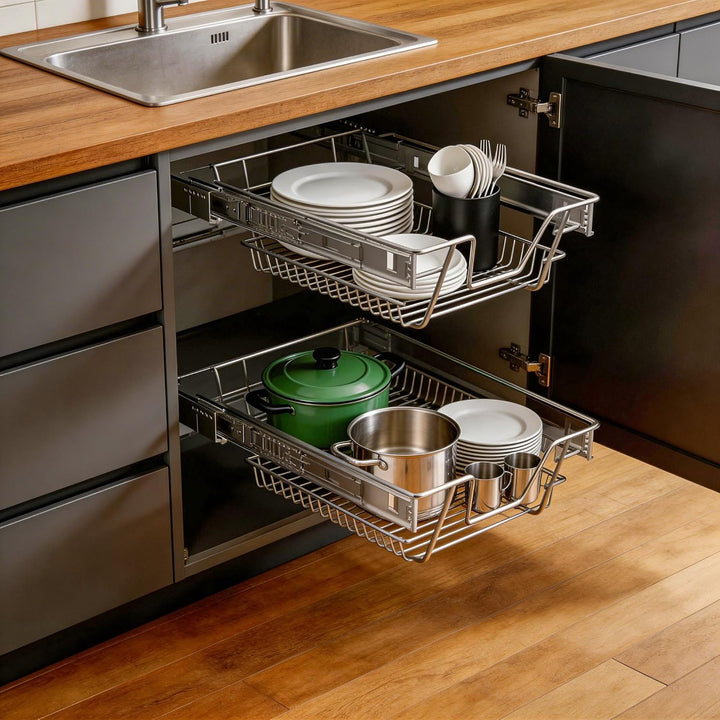 NAIZY 2x Teleskopschublade 30cm Breite anwendbar Küchenschublade Silber Küchen Regal aus Massiver Ed