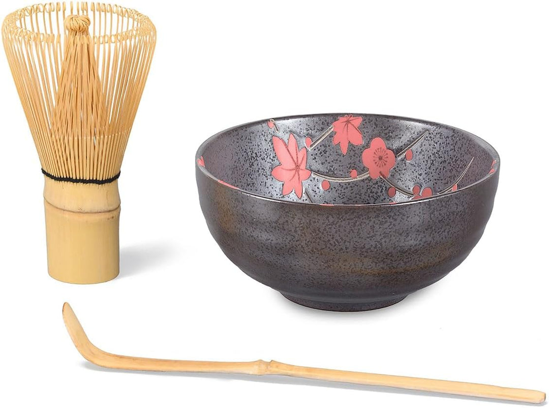 Aricola Matcha-Set 3-teilig, 250ml anthrazit rot, bestehend aus Matcha-Schale, Matcha-löffel und Mat