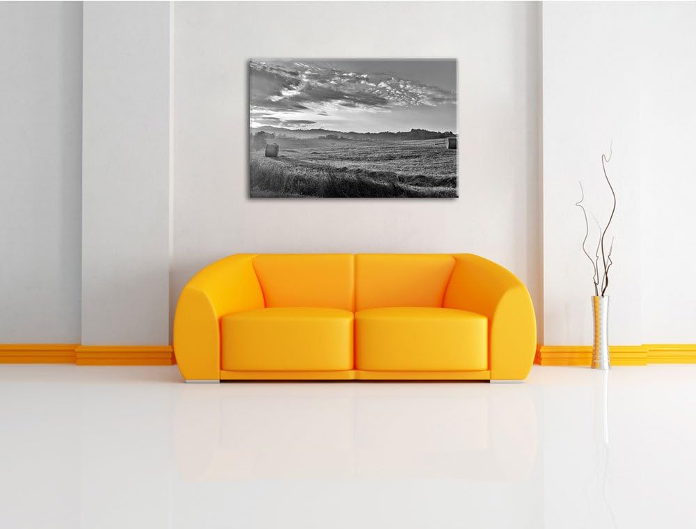 Feld mit Heuballen schwarz/weiss Format: 100x70 auf Leinwand, XXL riesige Bilder fertig gerahmt mit