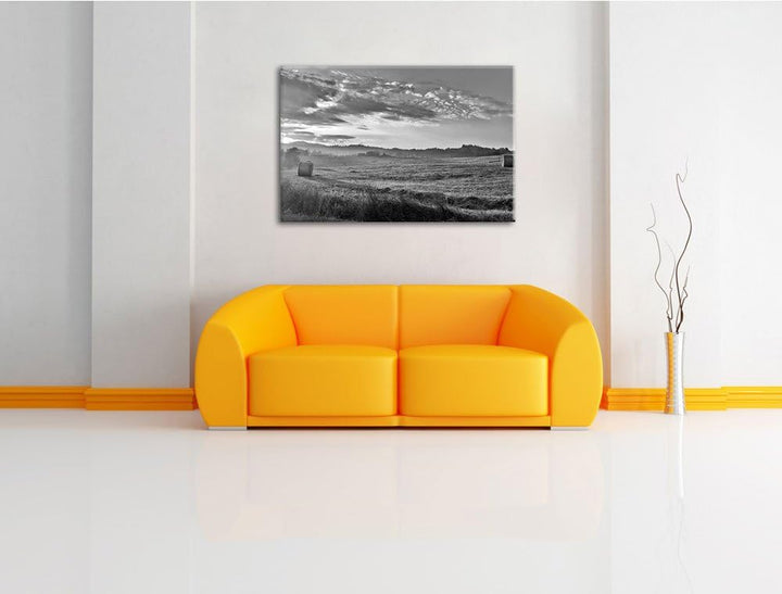 Feld mit Heuballen schwarz/weiss Format: 100x70 auf Leinwand, XXL riesige Bilder fertig gerahmt mit