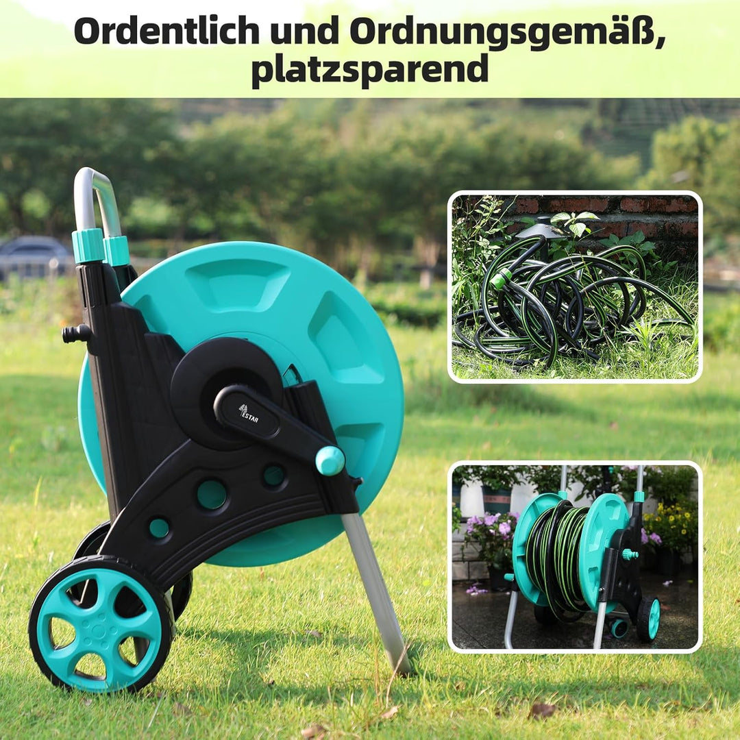 Schlauchwagen, Fahrbare Schlauchtrommel für 42m 1/2" Schlauch, mit Rädern, Verstellbarem Handlauf &amp;