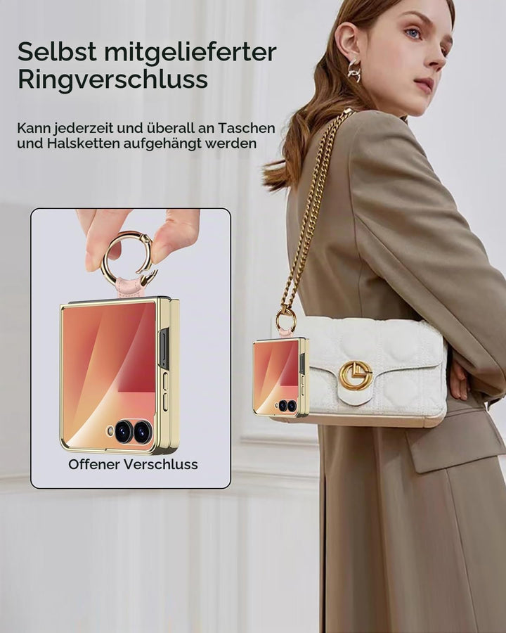 Miimall Lederhülle Kompatibel mit Samsung Galaxy Z Flip 7 Hülle mit Band+Ring Ständer [HD Displaysch
