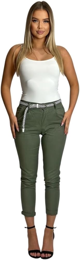 Mississhop Damen Baumwolle Klassische Chino Hose mit Gürtel XL Oliv, XL Oliv