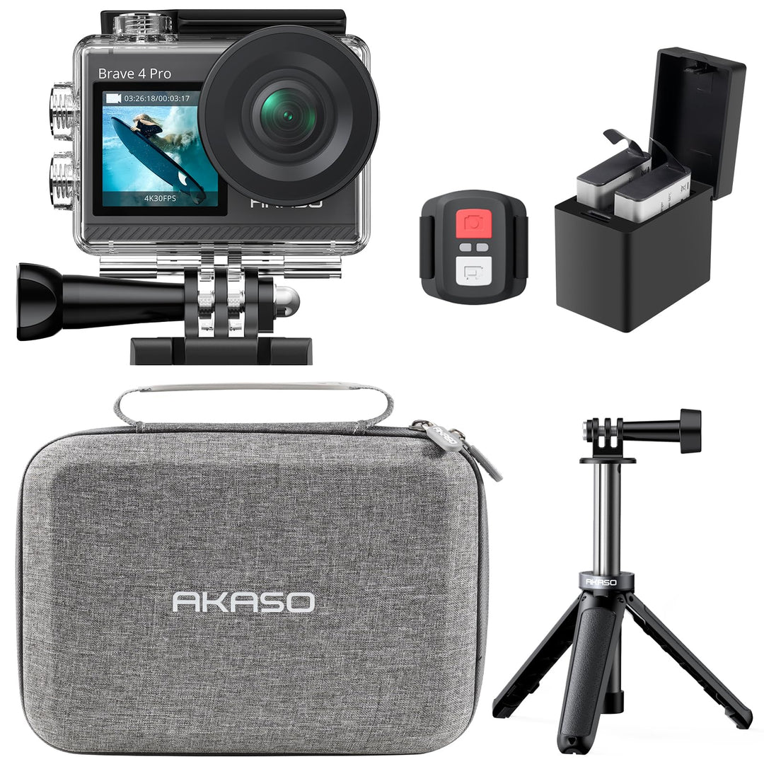AKASO Brave 4 Pro Action Cam 4K30FPS 20MP mit 60cm Stativ Selfie Stick und Tasche 40M Unterwasserkam