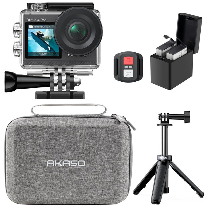 AKASO Brave 4 Pro Action Cam 4K30FPS 20MP mit 60cm Stativ Selfie Stick und Tasche 40M Unterwasserkam