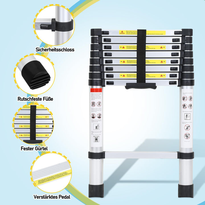 Fiqops 3.2M Aluminium Teleskopleiter, Ausziehbare Leiter 150 kg Belastbarkeit, Rutschfester Aluleite