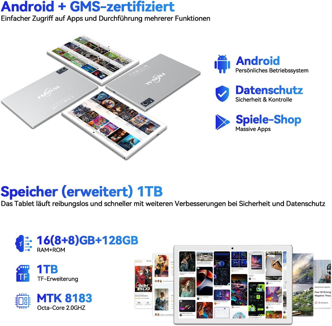 2024 Neueste Tablet 10 Zoll,5G Wifi Android 13 Tablet Mit 16GB RAM+128GB ROM(1TB TF),2-in-1 Tablet M