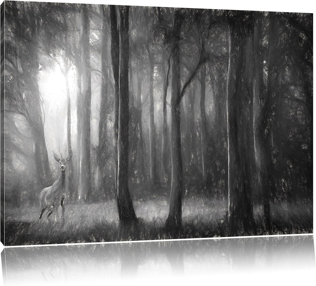Pixxprint Einsamer Hirsch im tiefen Wald Kunst Kohle Effekt, Format: 100x70 auf Leinwand, XXL riesig