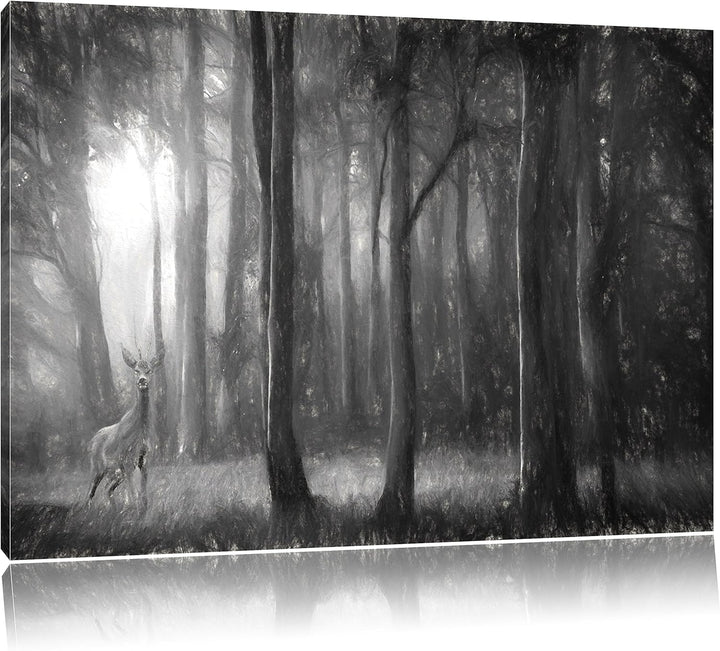 Pixxprint Einsamer Hirsch im tiefen Wald Kunst Kohle Effekt, Format: 100x70 auf Leinwand, XXL riesig