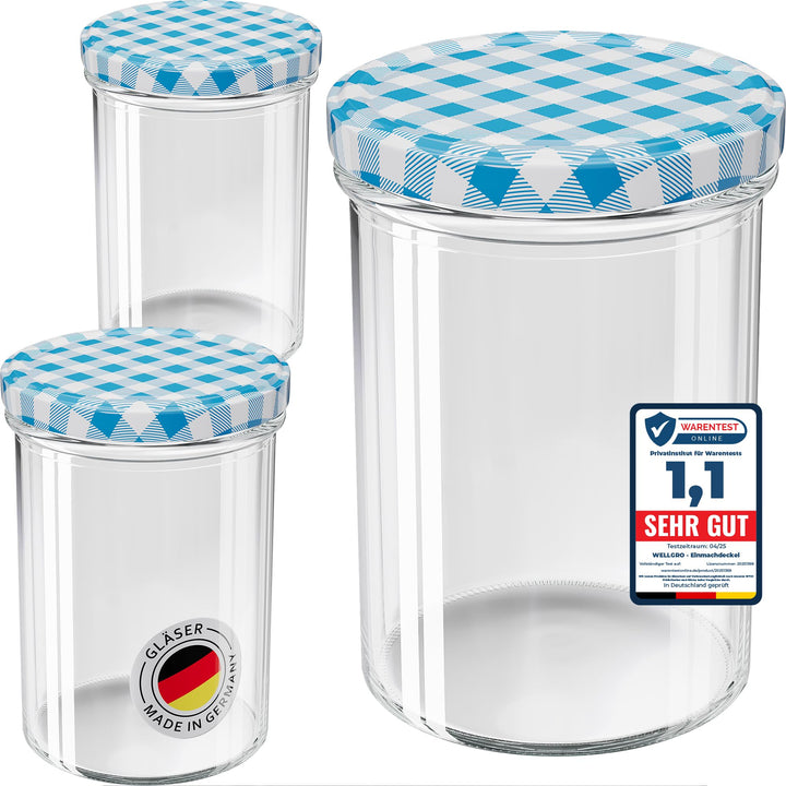 WELLGRO 200x Einmachgläser mit Schraubdeckel - 435 ml, 8,5 x 12 cm (ØxH), Glas/Metall, blau karierte