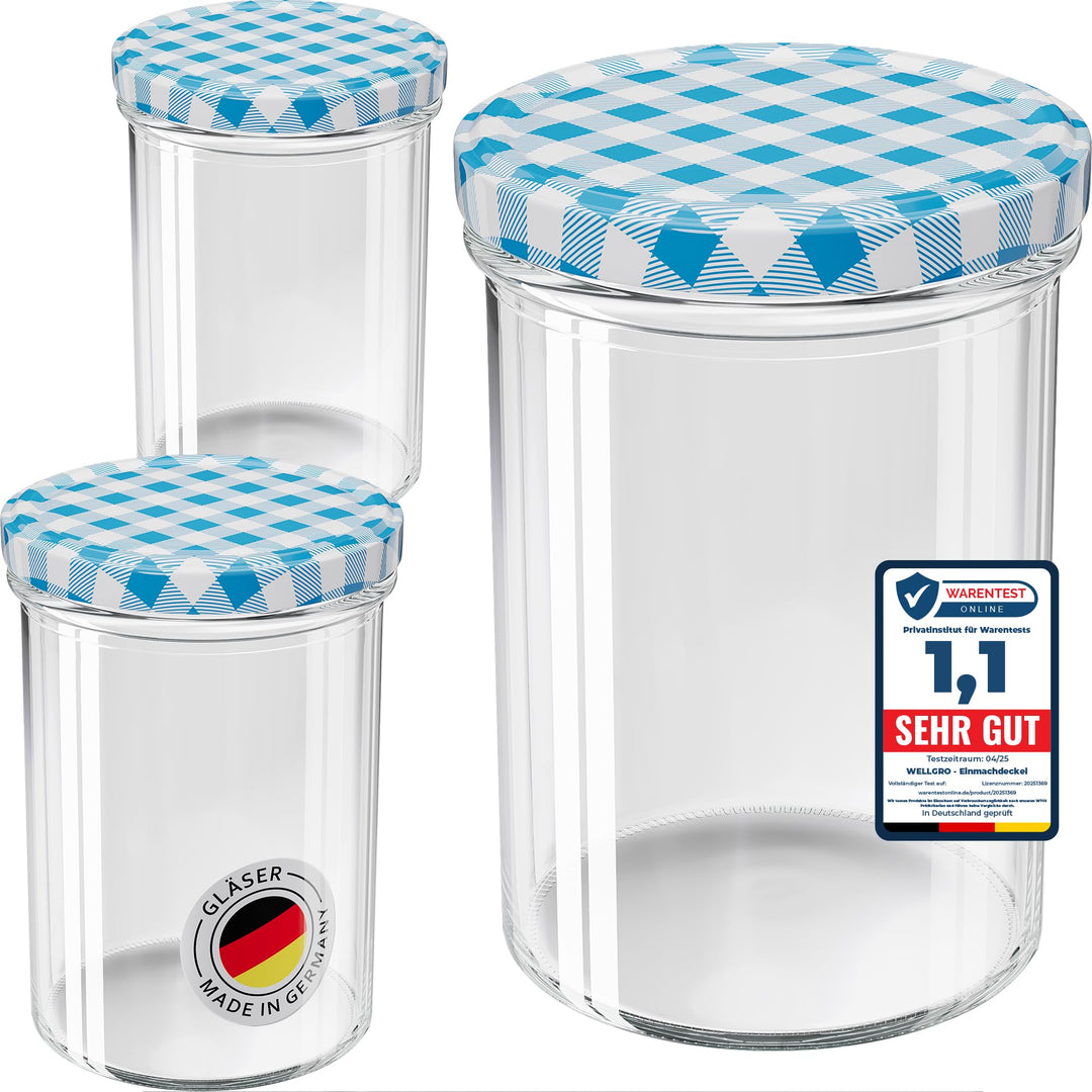 WELLGRO 12x Einmachgläser mit Schraubdeckel - 435 ml, 8,5 x 12 cm (ØxH), Glas/Metall, blau karierte