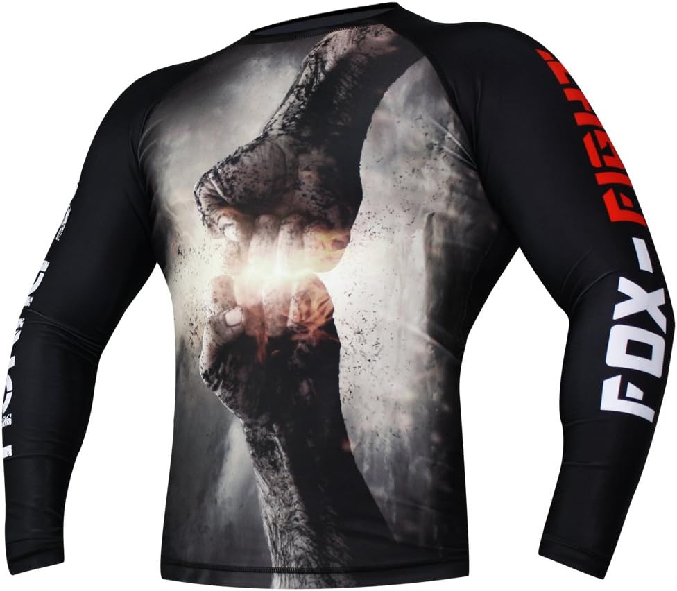 FOX-FIGHT Fist Punch Rashguard Long Sleeves Shirt Kompression MMA BJJ Muay Thai Training Fitness M S
