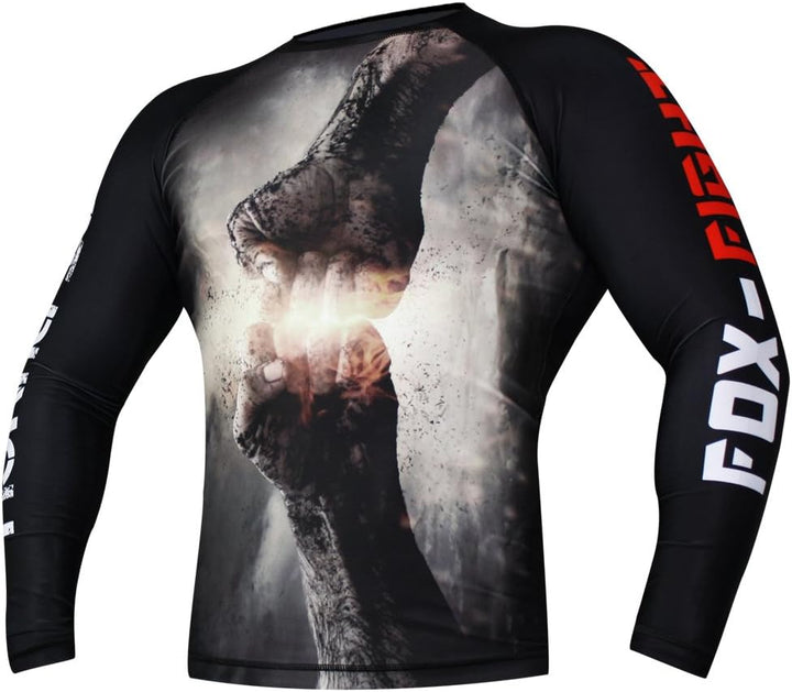 FOX-FIGHT Fist Punch Rashguard Long Sleeves Shirt Kompression MMA BJJ Muay Thai Training Fitness M S