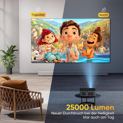 HORLAT Beamer 4K Heimkino Unterstützt, 25000 Lumen, Beamer Full HD 1080P Android 9.0, WiFi 6 Bluetoo