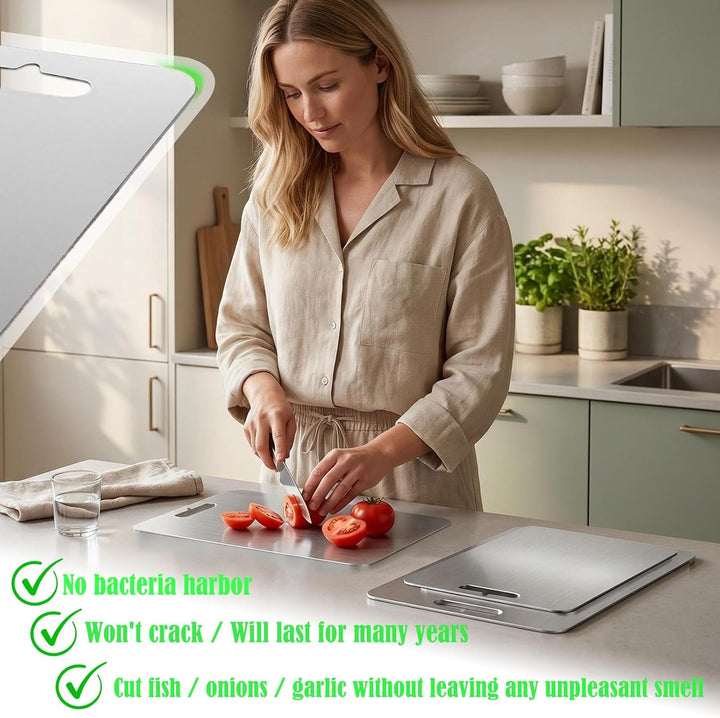 Edelstahl Schneidebrett Set 3-teilig, 1mm Ultra-Dünn & Flexibel, Spülmaschinenfest & Rostfrei, Doppe