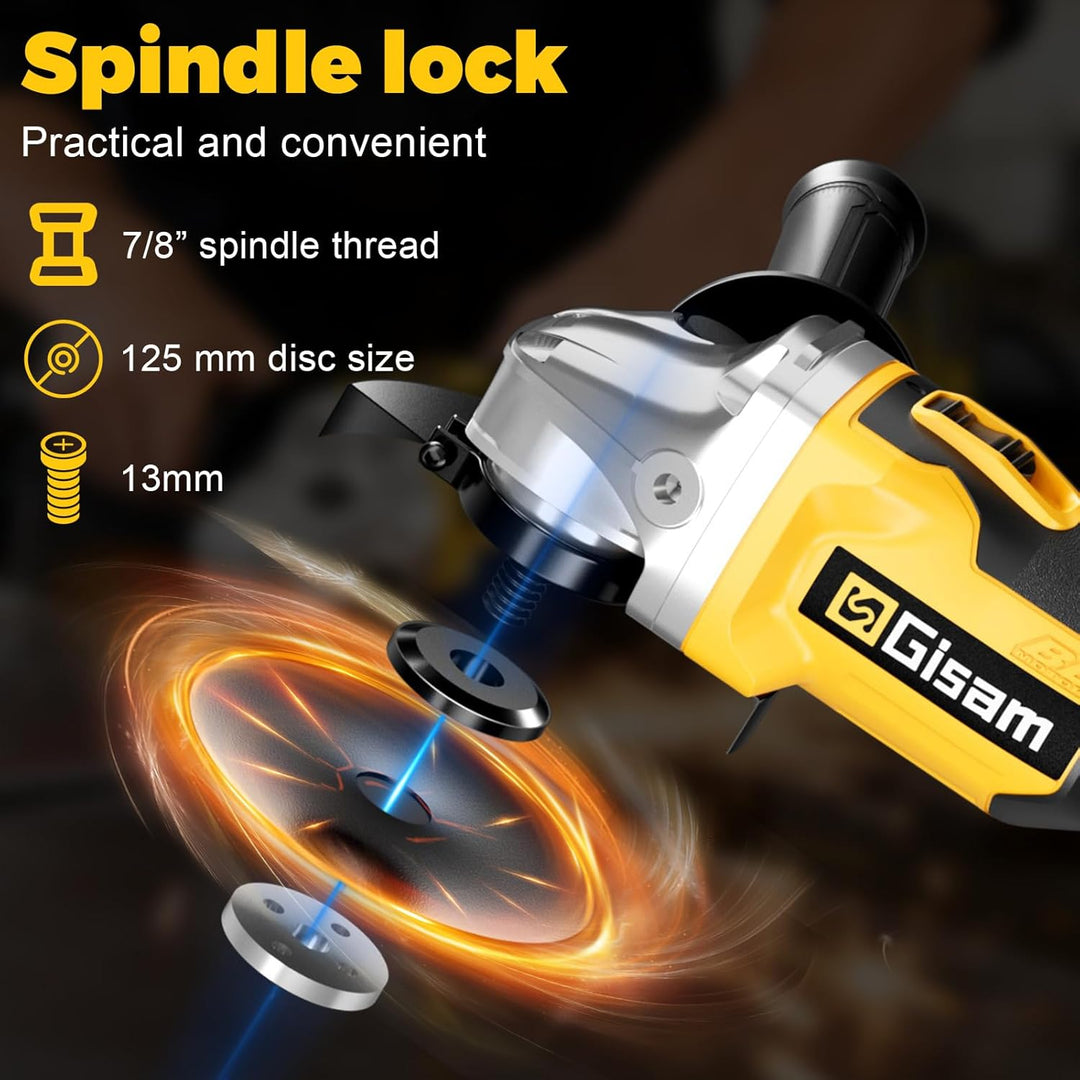 Gisam Akku Winkelschleifer 125mm, Bürstenloser Motor, 4 Drehzahlstufen, 10000 U/min für 18V Makita A
