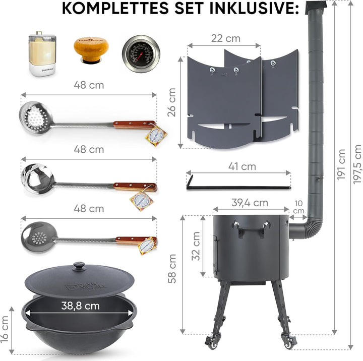 Utschak Feuerofen Ø 40cm mit Kazan Gusseisen 12L, Ø 42,5cm| Räder & Ablagen & Schaumlöffel | Kasan-S