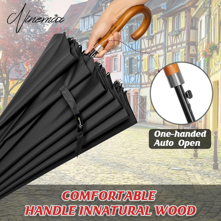 NINEMAX Regenschirm Stockschirm Sturmfest für Herren Damen, Grosser Regenschirm Holzgriff, Classic S