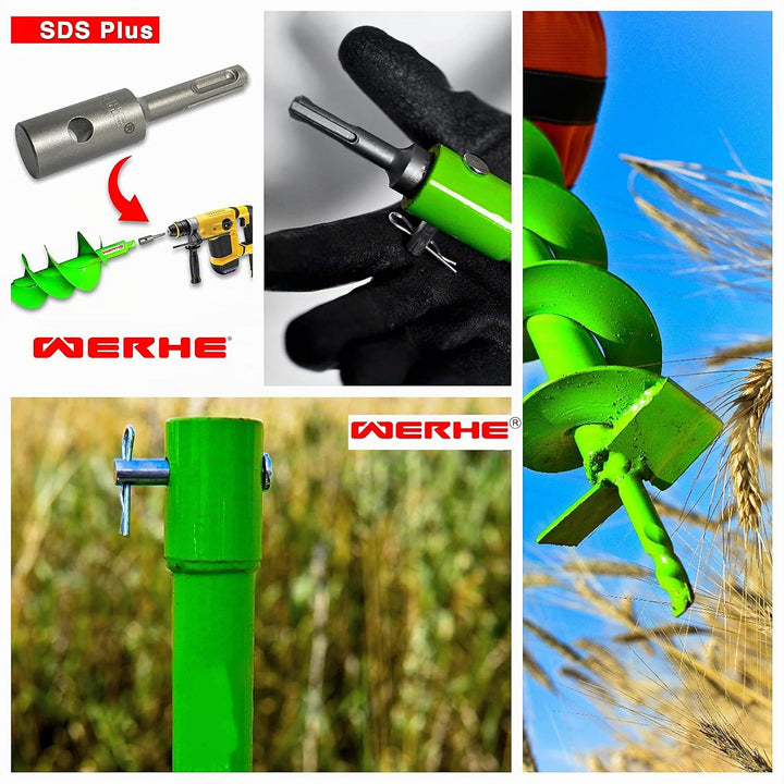WERHE Erdbohrer 100 mm mit SDS Plus Aufnahme robuste Bohrspitze Pfahlbohrer Bohrer Doppel-Welle