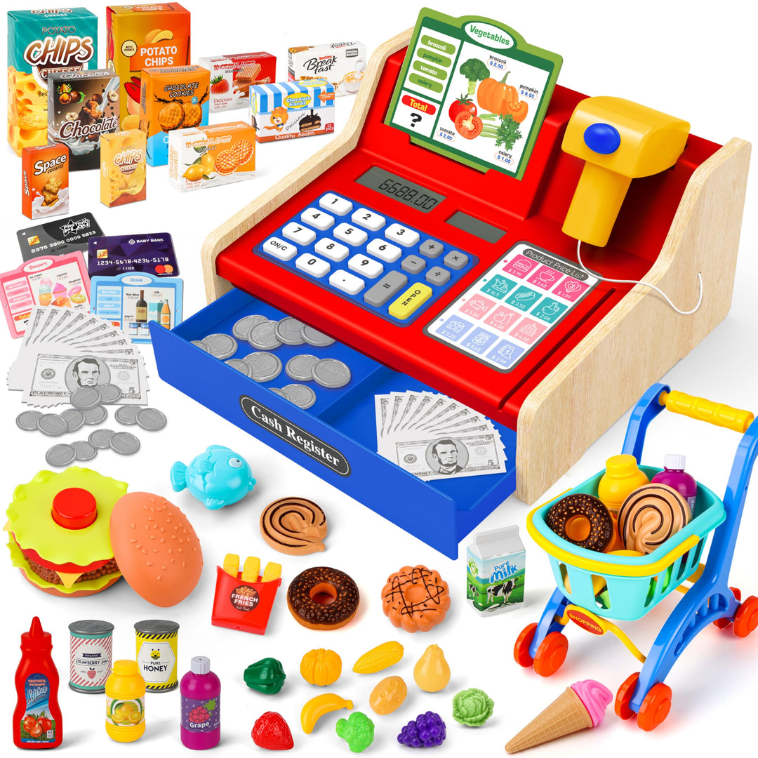 MOMOSTAR Kinderkasse, Spielkasse Kinder mit Scanner und Sound, Kasse Spielzeug Holz mit Spielgeld Ei