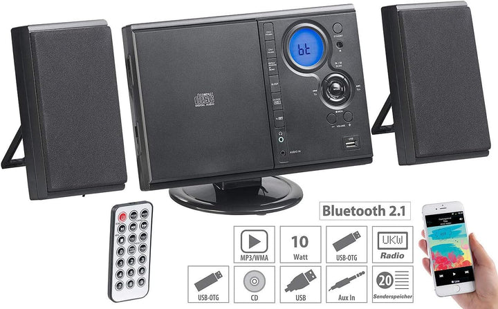 auvisio Radio mit CD: Vertikale Stereo-Kompaktanlage mit Bluetooth, FM, CD, MP3 & AUX, 10 W (Microan