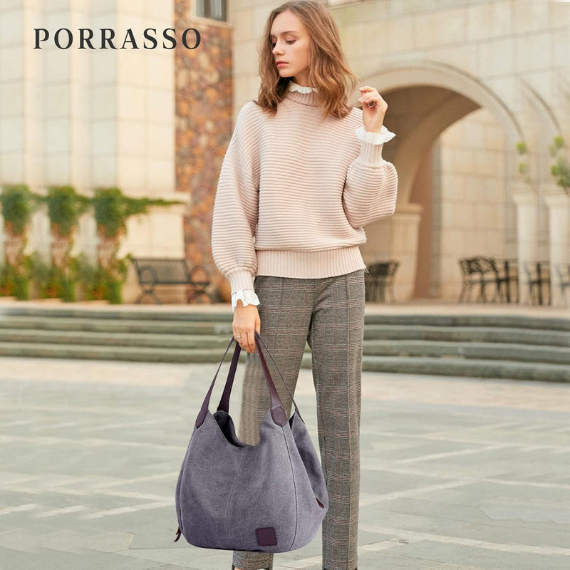 PORRASSO Damen Handtasche Canvas Hobo Schultertasche Mädchen Tote Bag Shopper Henkeltasche für Schul