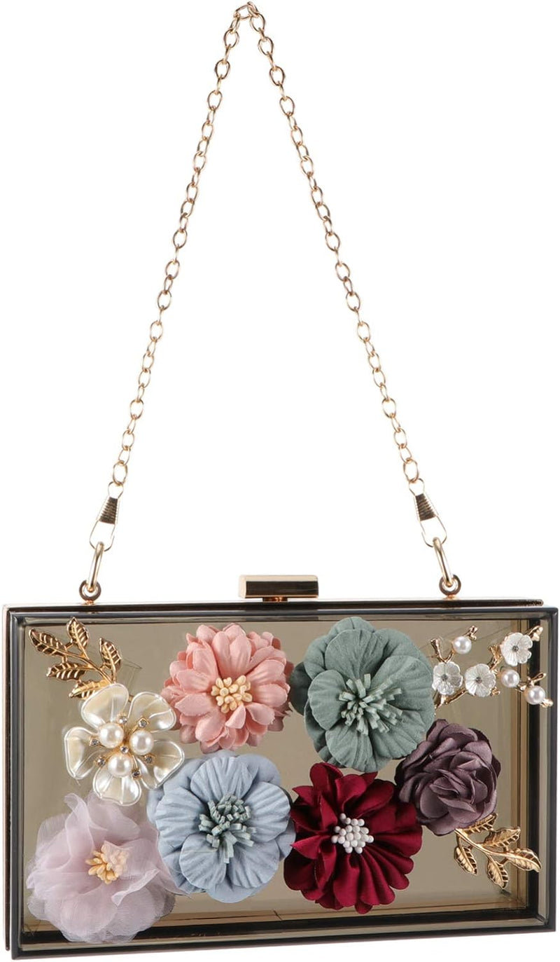 VALICLUD Frauen Kette Geldbörse Klare Acryl Tasche Blume Clutch Geldbörse mit Goldenen Kettenriemen