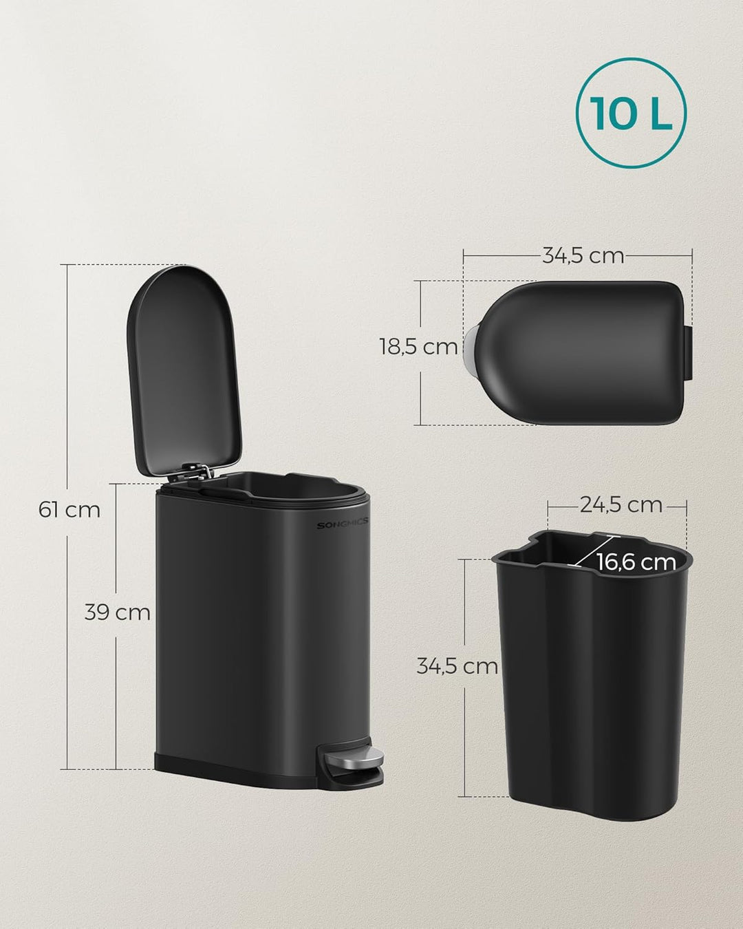 SONGMICS Kosmetikeimer, 10 Liter, Mülleimer Bad, mit Deckel, Tretmülleimer, Abfalleimer klein, schma