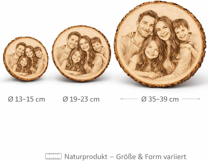 Personalisierte Holzscheibe mit Foto und Wunschtext - 13-15 cm - gravierte Baumscheibe aus Erlenholz