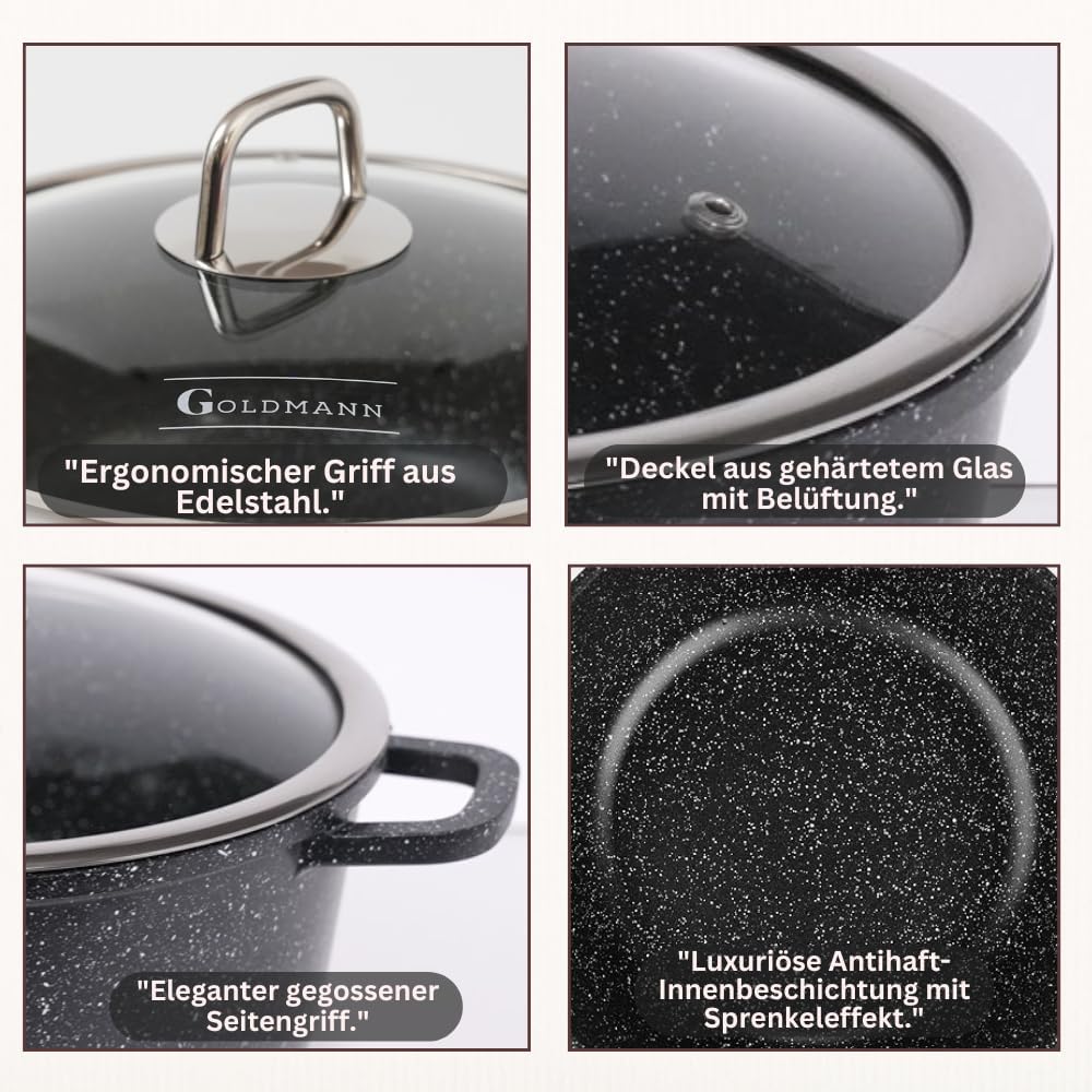 GOLDMANN Premium Gussaluminium Kochtopf 20 cm (2,3 L) – Keramik-Marmor Antihaft-Kasserolle mit Glasd