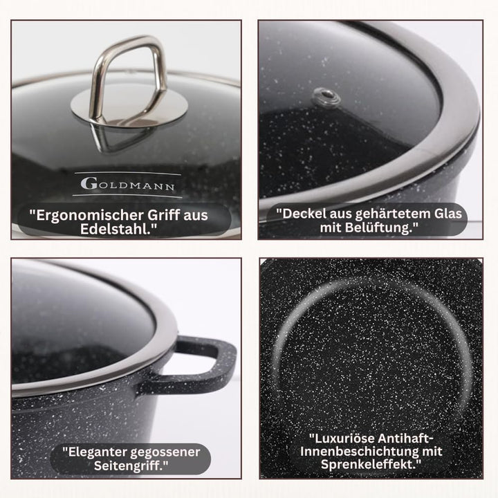 GOLDMANN Premium Gussaluminium Kochtopf 20 cm (2,3 L) – Keramik-Marmor Antihaft-Kasserolle mit Glasd