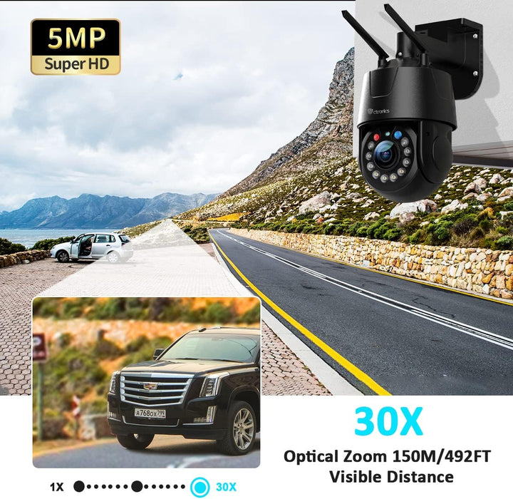 Ctronics 5MP 30X Optischer Zoom Metall Überwachungskamera Aussen,TF/Cloud | 2.4/5GHz WLAN Kamera Out