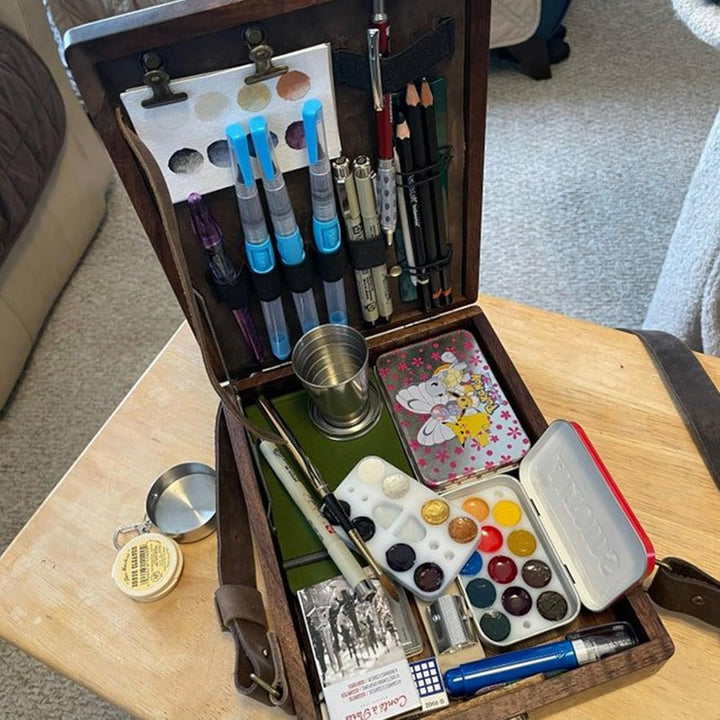 Writers Messenger Wood Box, A5 Artist Tool and Brush Storage Box, Walnut Wooden Shoulder Bag, Multip