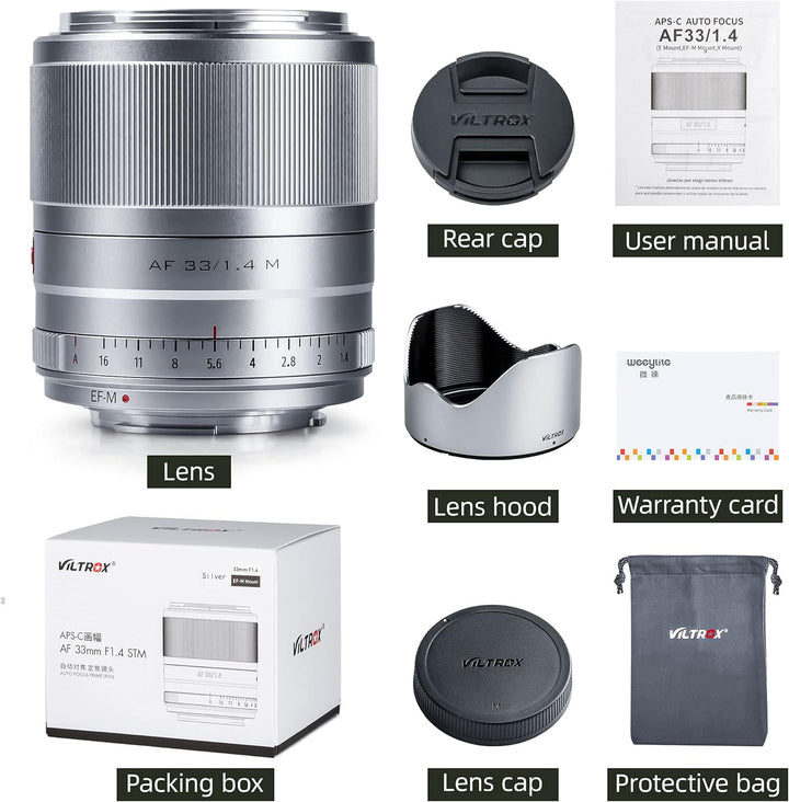 VILTROX 33mm F1.4 M Silber Autofokus Festbrennweite Prime Objektiv für Canon EF-M Mount Spiegellose