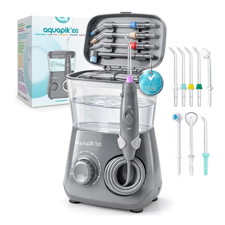 Aquapik® 100 professionelle Munddusche | Plaqueentferner + von Zahnärzten empfohlen | 8 Düsen, 10 Dr