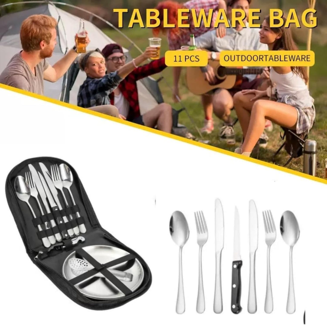 Camping Besteckset 2 Personen, 11 Stück Edelstahl Geschirr Set mit Gabeln, Messer, Löffel, Teller, C