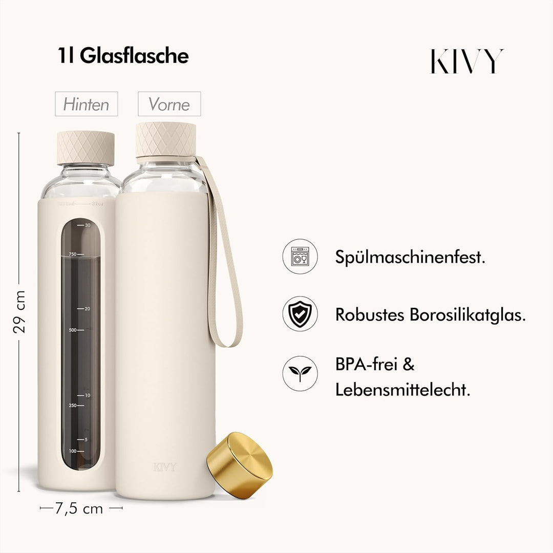 KIVY Glas Trinkflasche 1l mit Silikonschutz [KOHLENSÄURE GEEIGNET] Glasflasche 1 Liter - Wasserflasc
