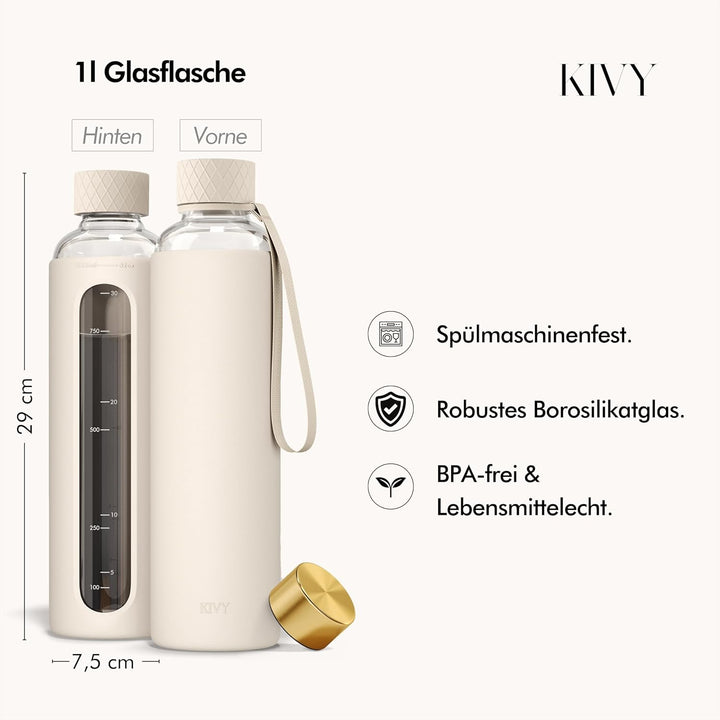 KIVY Glas Trinkflasche 1l mit Silikonschutz [KOHLENSÄURE GEEIGNET] Glasflasche 1 Liter - Wasserflasc