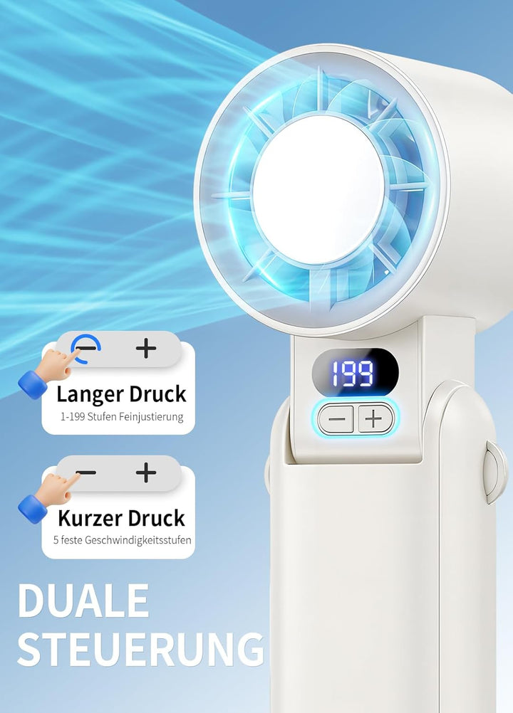 Handventilator Akku aufladbar mit LED-Display & Clip, 1-199 Stufen, 3-in-1 Ventilator für Hand, Nack