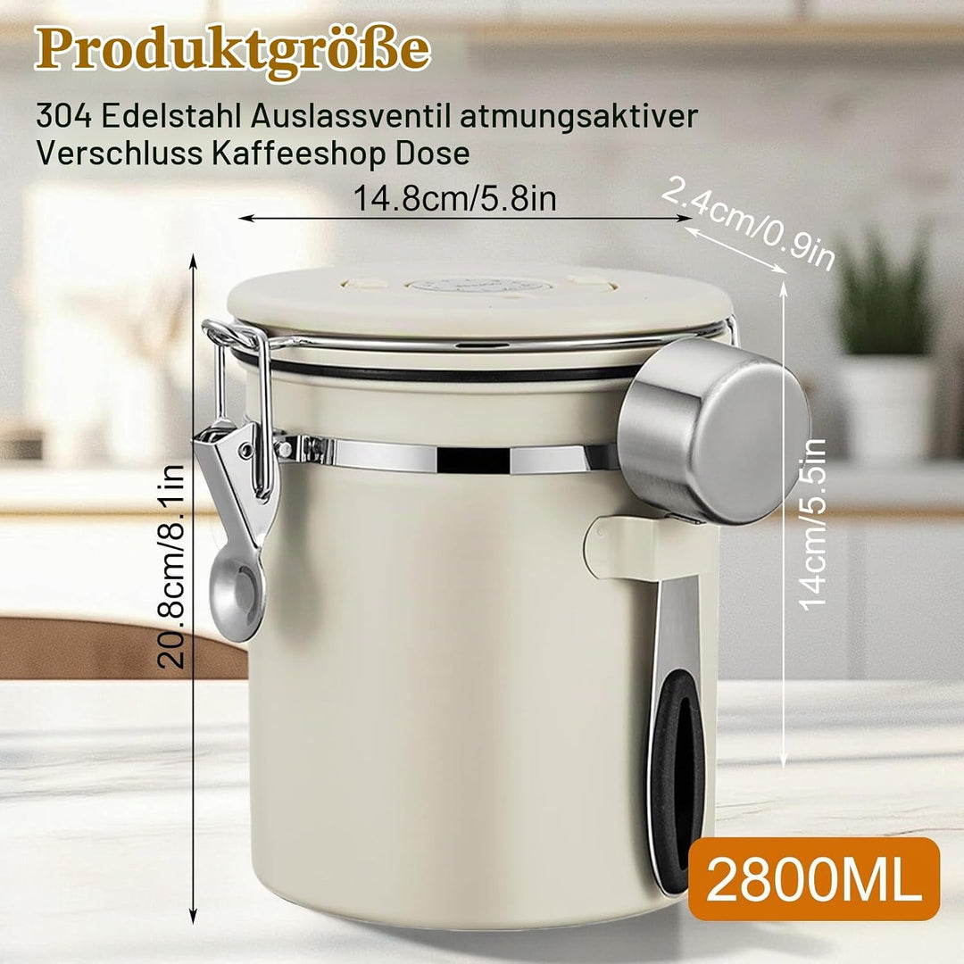 Kaffeedose Luftdicht, 2,8 L Kaffeebohnenbehälter Vakuum, Kaffeebohnen Behälter mit CO2-Ventil und Me