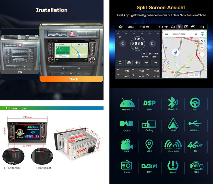 Acht-Kern 4GB+64GB Android 14 DAB+ Autoradio Für Audi A6 S6 RS6 Allroad mit GPS Navigation Unterstüt