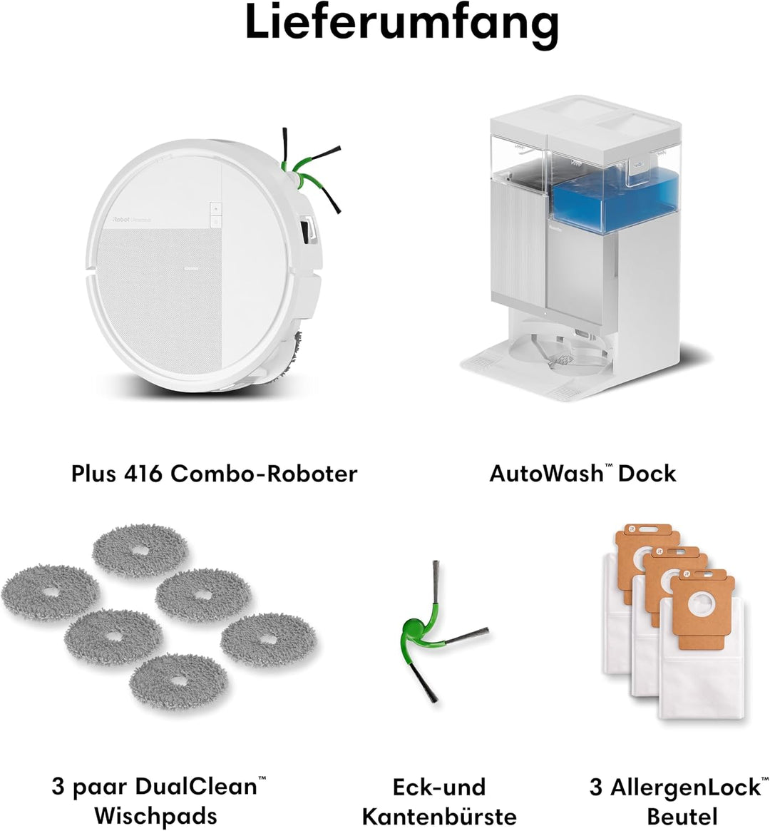 Roomba Plus 415 Saugroboter, AutoWash Basis, selbstreinigende Wischpads, Weiss